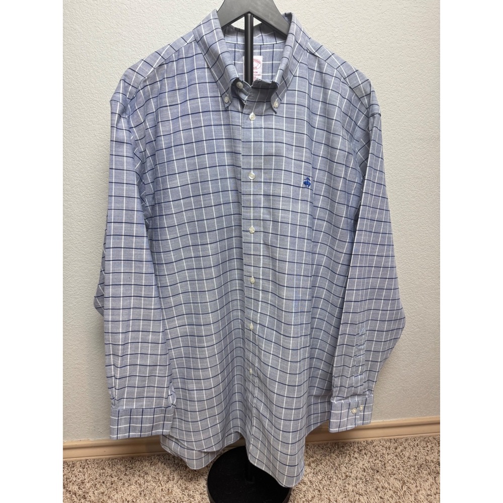 Brooks Brothers Madison Non-Iron Supima Cotton Plaid Shirt Mens XL Blue White
